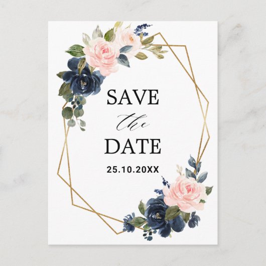 Rustic Wood Navy Blush Geometrische Save the Date Briefkaart (Voorkant)