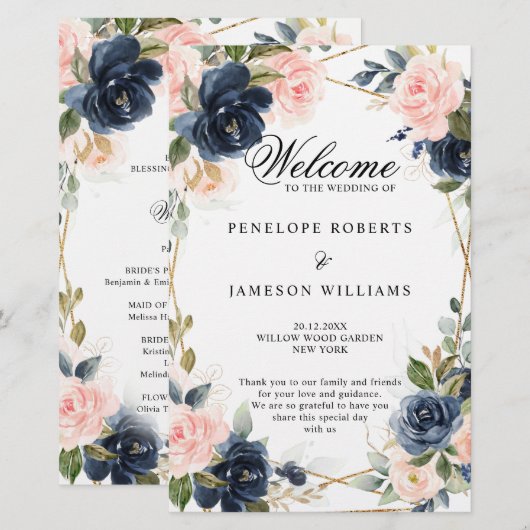 Rustic Wood Navy Blush Programme de mariage géomét (Devant / Derrière)