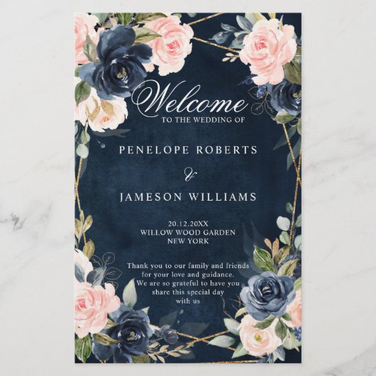 Rustic Wood Navy Blush Programme de mariage géomét (Devant)