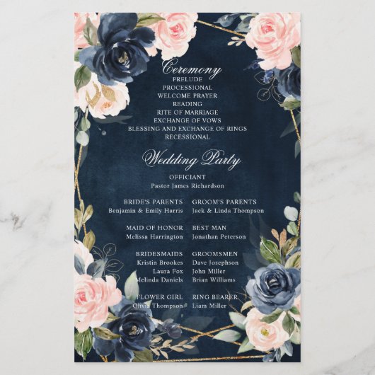 Rustic Wood Navy Blush Programme de mariage géomét (Dos)