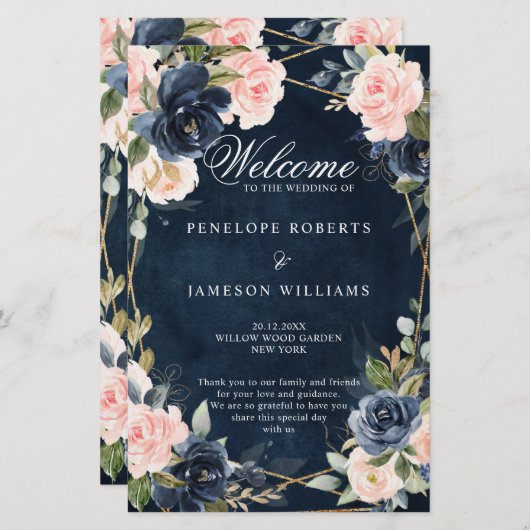 Rustic Wood Navy Blush Programme de mariage géomét (Devant / Derrière)