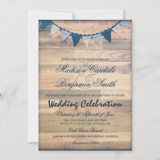 Rustic Wood Navy Bunting Banner Wedding Invites Kaart (Voorkant)