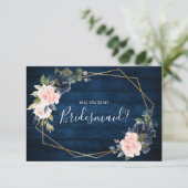 Rustic Wood Navy Geometric Bridesmaid Voorstel Kaart (Staand voorkant)