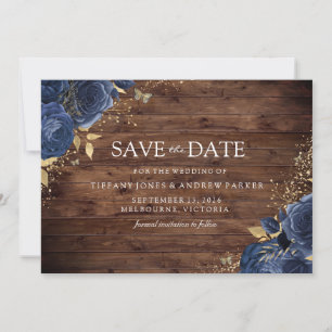 Rustic Wood Navy Indigo Rozen Gold Floral Wedding Save The Date