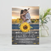 Rustic Wood Navy Lace Sunflower Weddenfoto Save The Date (Staand voorkant)