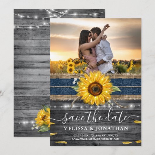 Rustic Wood Navy Lace Sunflower Weddenfoto Save The Date (Voorkant / Achterkant)