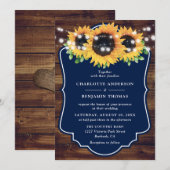 Rustic Wood Navy Sunflower Wedding Invitting Kaart (Voorkant / Achterkant)