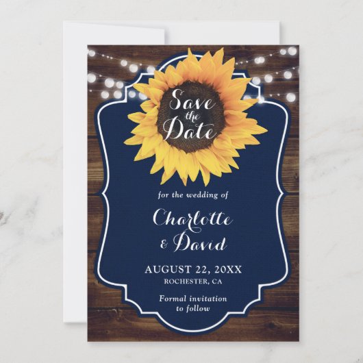 Rustic Wood Navy Sunflower Wedding Save The Date (Voorkant)