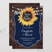 Rustic Wood Navy Sunflower Wedding Save The Date (Voorkant / Achterkant)