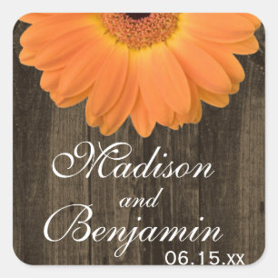 Rustic Wood Oranje Daisy Wedding Favor Stickers