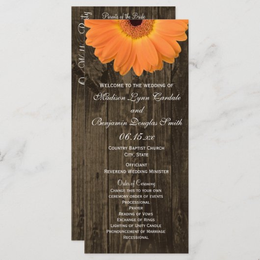 Rustic Wood Oranje Gerber Daisy Wedding Programs Programma (Voorkant / Achterkant)