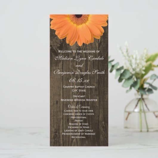 Rustic Wood Oranje Gerber Daisy Wedding Programs Programma (Staand voorkant)