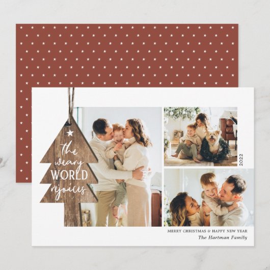 Rustic Wood Ornament 3 Foto-collage Kerstmis Feestdagenkaart (Voorkant / Achterkant)