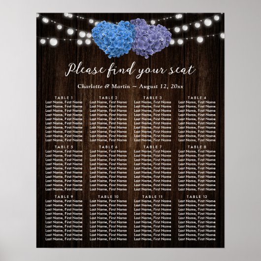 Rustic Wood Paars Blue Wedding Seating Chart 12 Poster (Voorkant)