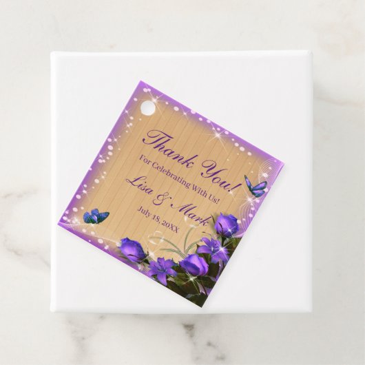 Rustic Wood Paars Floral Butterfly Wedding Bedankjes Labels (In situ)