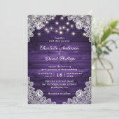 Rustic Wood Paars Lace String Lights Wedding Kaart (Staand voorkant)
