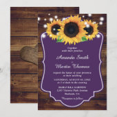 Rustic Wood Paarse Sunflower Wedding Kaart (Voorkant / Achterkant)