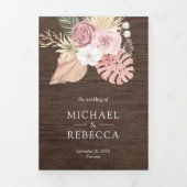 Rustic Wood Palm Dusty Roses QR Code Weddenschap Drieluik Uitnodiging (Cover)