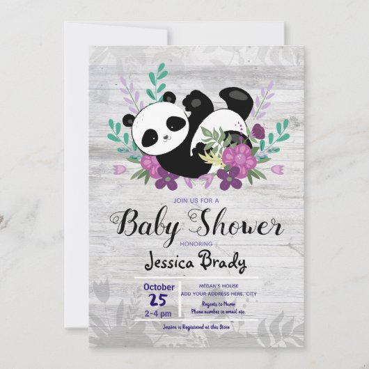 Rustic Wood Panda met Baby shower met paarse bloem Kaart (Voorkant)