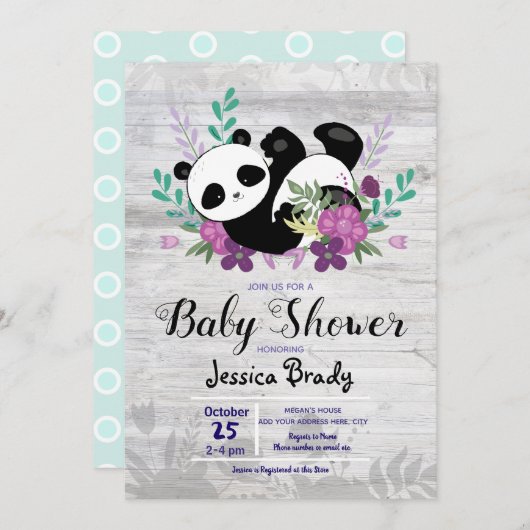 Rustic Wood Panda met Baby shower met paarse bloem Kaart (Voorkant / Achterkant)