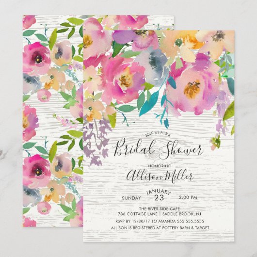Rustic Wood Pastel Floral Bridal Shower Invitation (Devant / Derrière)