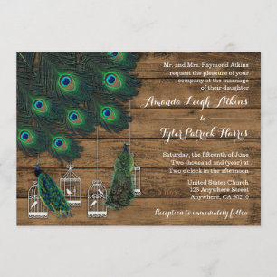 Rustic Wood Peacock Feather Wedding Invitting Kaart