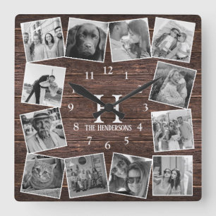 Rustic Wood Photo Collage Monogram Creëer Your Ewn Vierkante Klok