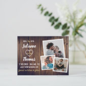Rustic Wood Photo Collage Wedding Aankondigingskaart (Staand voorkant)