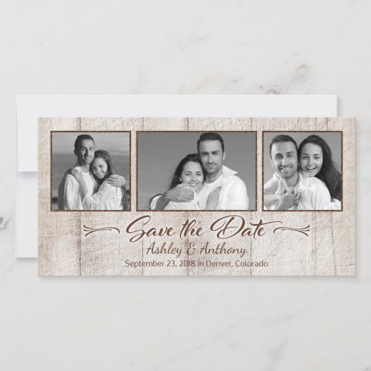 Rustic Wood Photo Collage Wedding Save the Date (Voorkant)