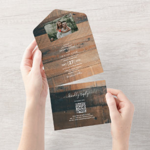Rustic Wood Photo Wedding All In One Uitnodiging