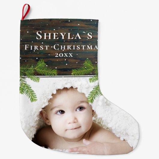 Rustic Wood Pine Baby's eerste kerstfoto Grote Kerstsok (Voorkant)