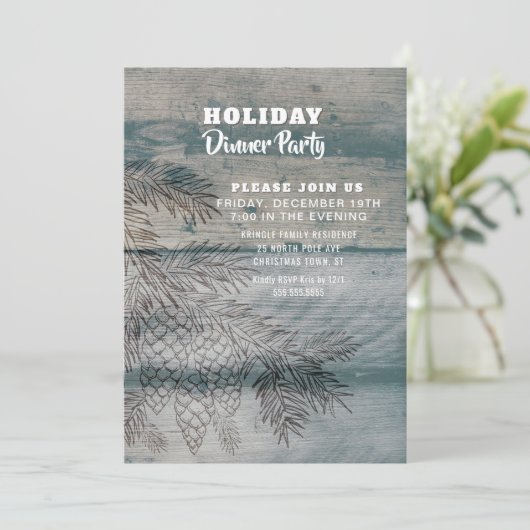 Rustic Wood Pine Cones Holiday Party Uitnodiging (Staand voorkant)