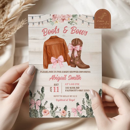 Rustic Wood Pink Boots and Bows Baby Shower Kaart