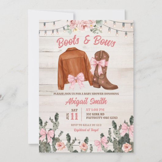 Rustic Wood Pink Boots and Bows Baby Shower Kaart (Voorkant)