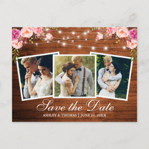 Rustic Wood Pink Floral 3 Foto slaat de datum op Uitnodiging Briefkaart