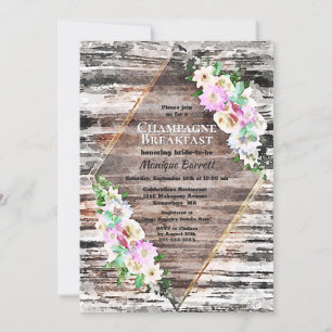 Rustic Wood Pink Floral Champagne Breakfast Kaart