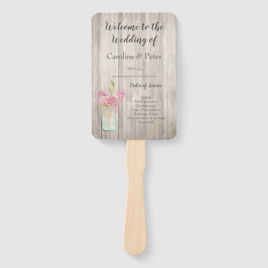 Rustic Wood Pink Floral Mason Jar Wedding Handwaaier (Voorkant)
