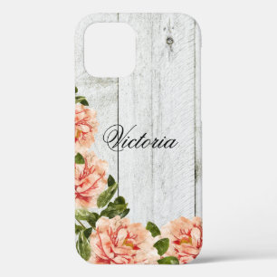 Rustic Wood Pink Floral - Speciaal script iPhone 12 Hoesje