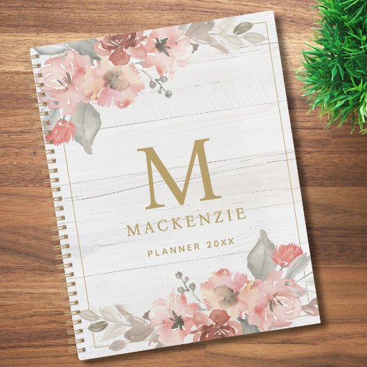 Rustic Wood Pink Floral Watercolor Monogram