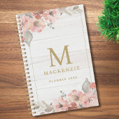 Rustic Wood Pink Floral Watercolor Monogram