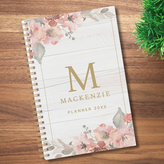 Rustic Wood Pink Floral Watercolor Monogram