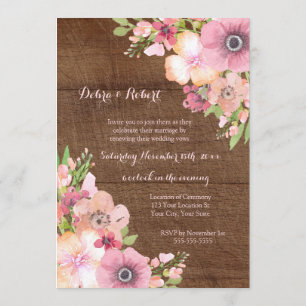 Rustic Wood Pink Flowers Vow Renewal Uitnodiging