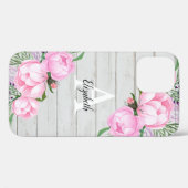 Rustic Wood Pink Peony Waterverf Monogram Case-Mate iPhone Case (Achterkant (horizontaal))