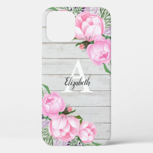 Rustic Wood Pink Peony Waterverf Monogram iPhone 12 Hoesje