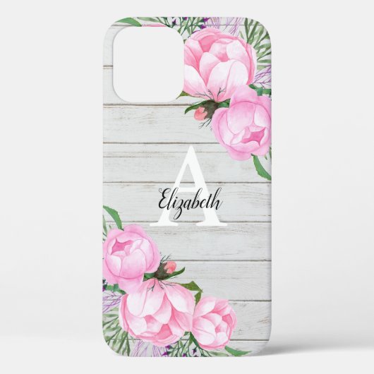 Rustic Wood Pink Peony Waterverf Monogram Case-Mate iPhone Case (Achterkant)