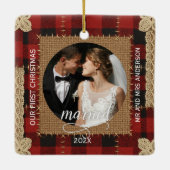 Rustic Wood Plank Plaid First Christmas Married  Keramisch Ornament (Achterkant)