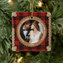 Rustic Wood Plank Plaid First Christmas Married Keramisch Ornament