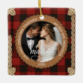 Rustic Wood Plank Plaid First Christmas Married  Keramisch Ornament (Voorkant)