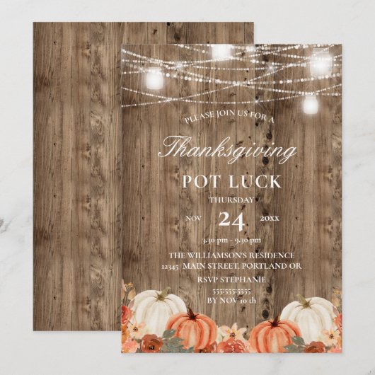 Rustic Wood Pumpkin & Floral Thanksgiving Pot Luck Kaart (Voorkant / Achterkant)