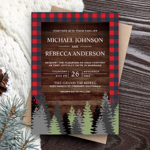 Rustic Wood Red Buffalo Pset Evergreen Wedding Kaart